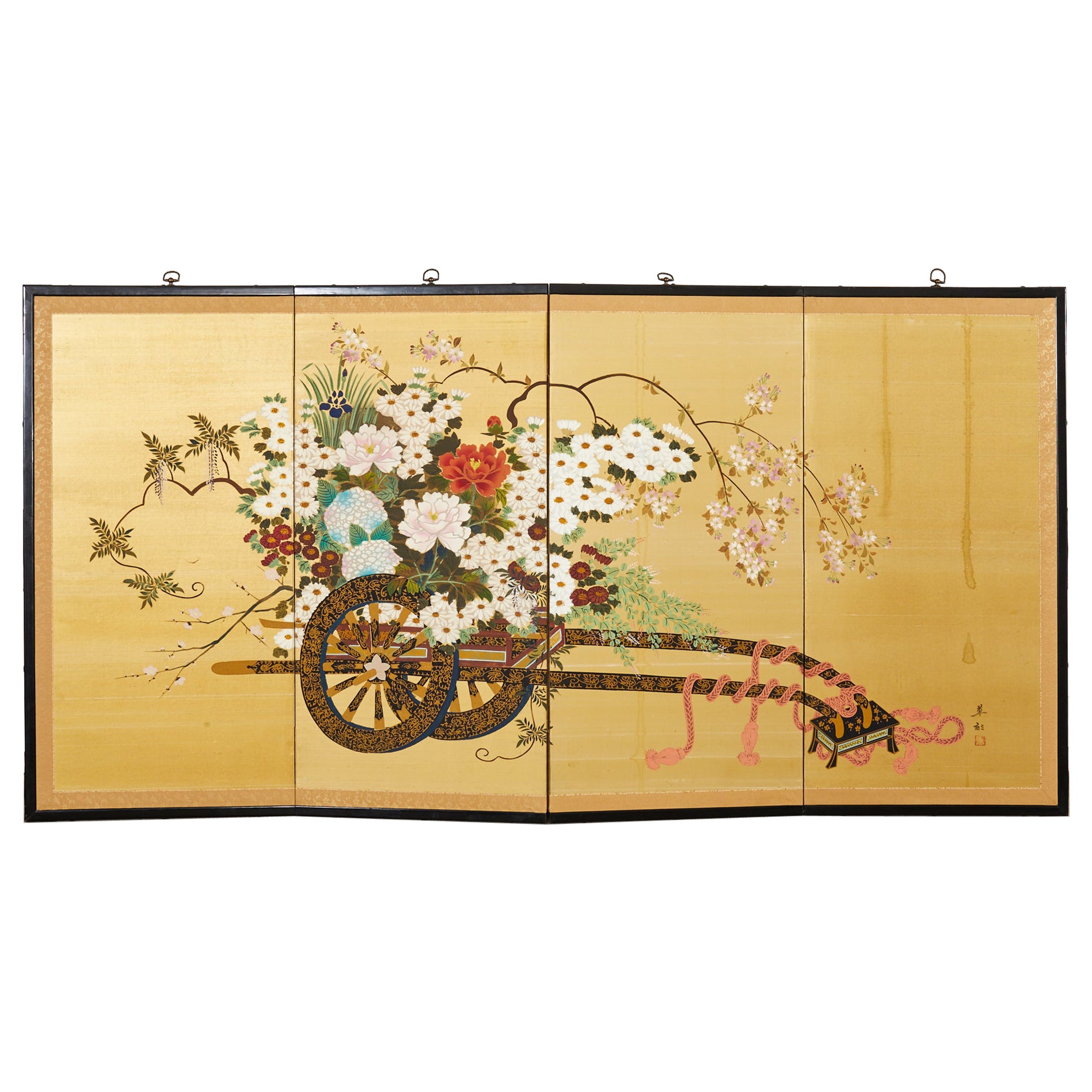 Japanese Showa Four Panel Screen Hanaguruma Flower Cart For Sale