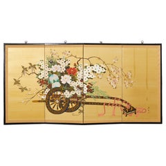 Antique Japanese Showa Four Panel Screen Hanaguruma Flower Cart
