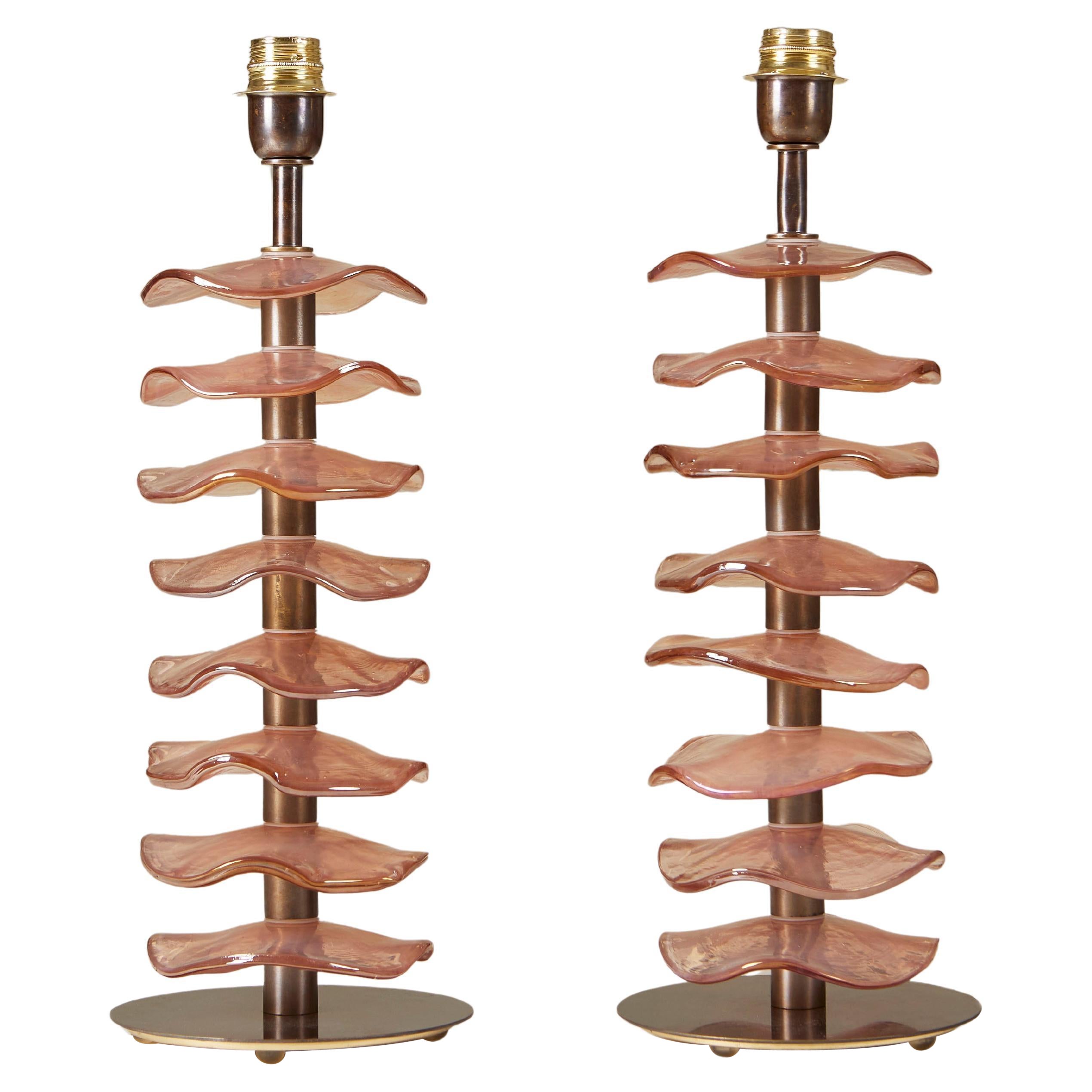 Contemporary Tall pair of Italian Murano peach/rose petal brass lamps