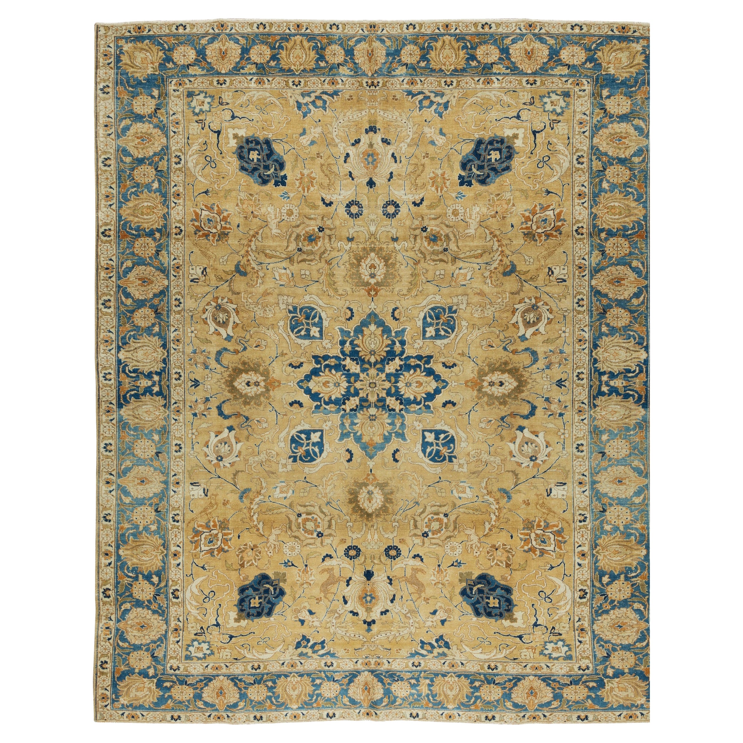 8x11 Ft Vintage Handmade Area Rug in Beige & Blue, Floral Pattern Turkish Carpet