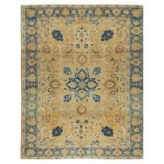 8x11 Ft Handgeknüpfter Teppich in Beige & Blau, geblümter türkischer Vintage-Teppich