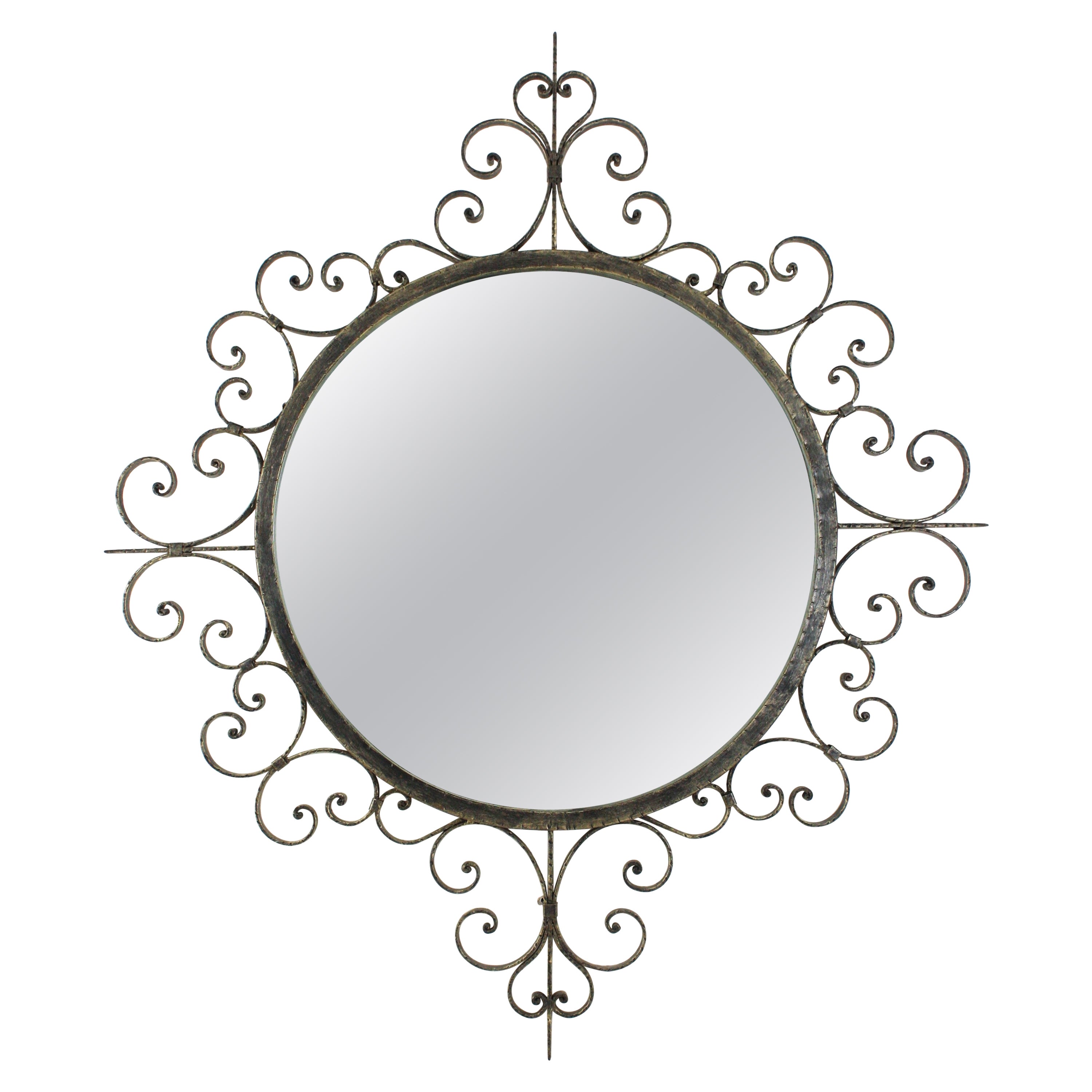 Wrought Iron Mirror with Scroll Work Frame, Spain, 1940s For Sale