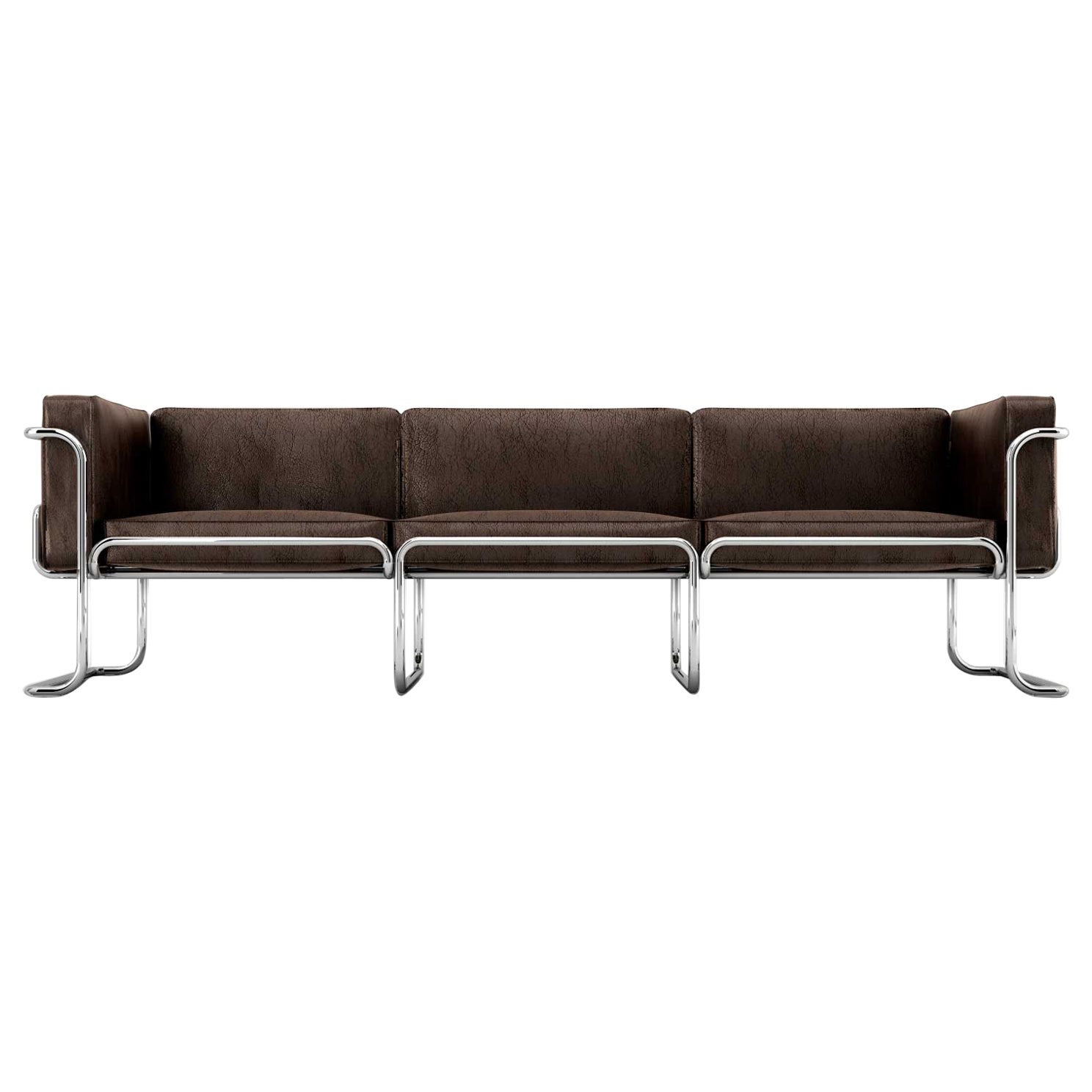 Lotus 3-Sitzer Sofa - Modernes braunes Ledersofa mit Beinen aus Edelstahl im Angebot