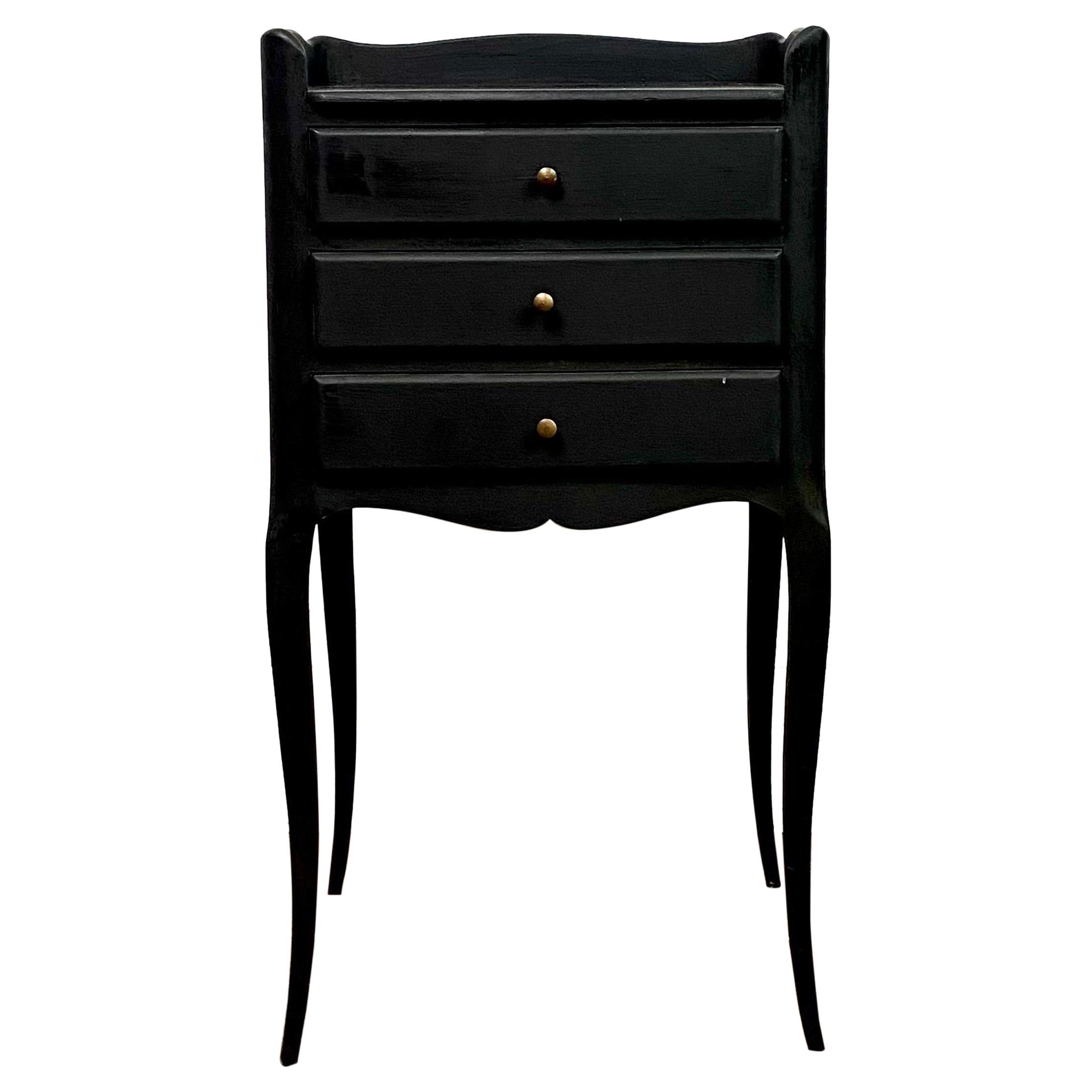French Black Bedside Table Night stand Louis XV Style Three Drawers XXth France For Sale