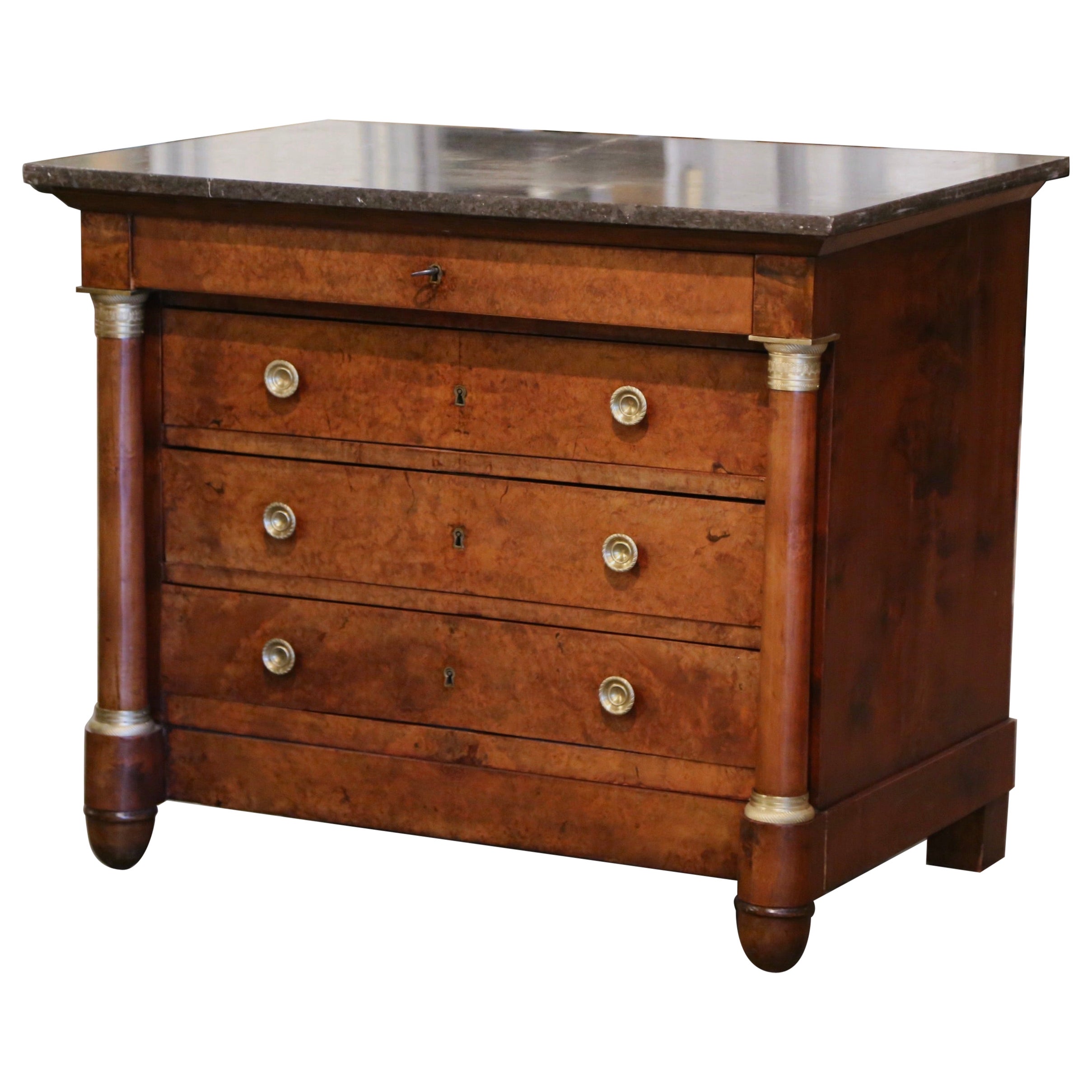 19th Century French Empire Marble Top Carved Veneer Elm Commode Chest of Drawers For Sale