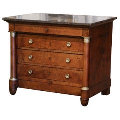 19th Century French Empire Marble Top Carved Veneer Elm Commode Chest of Drawers