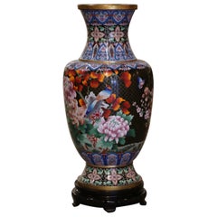 Large Mid-Century Chinese Champlevé Enamel Vase with Bird Decor on Wooden Stand