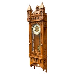 Rare & Large All Handcrafted Antique Gothic Revival Solid Oak Wall Clock ca 1900