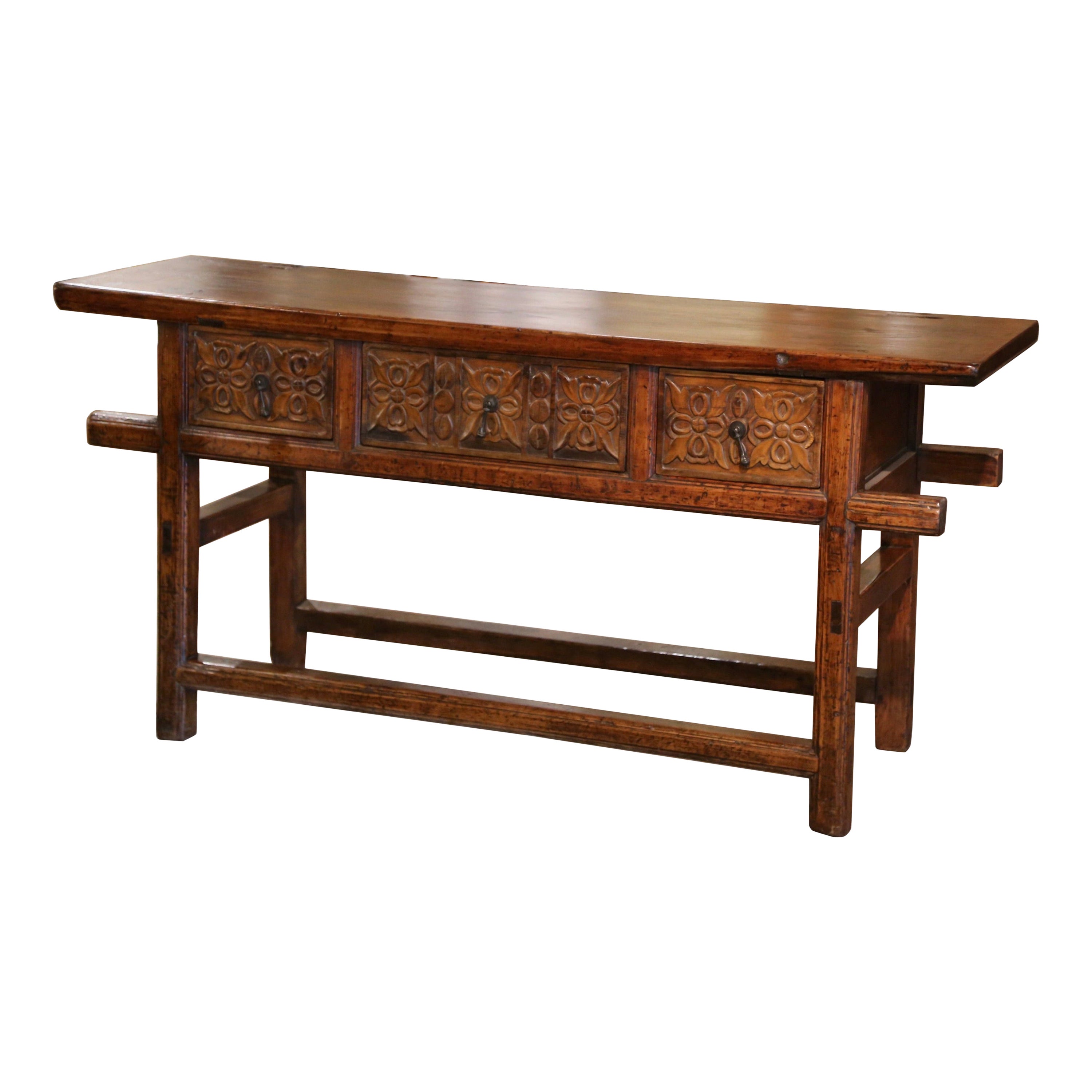Table console à trois tiroirs en pin et en chêne, début du 20e siècle, de style baroque espagnol en vente