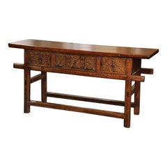 Early 20th Century Spanish Baroque Carved Pine & Oak Three-Drawer Console Table