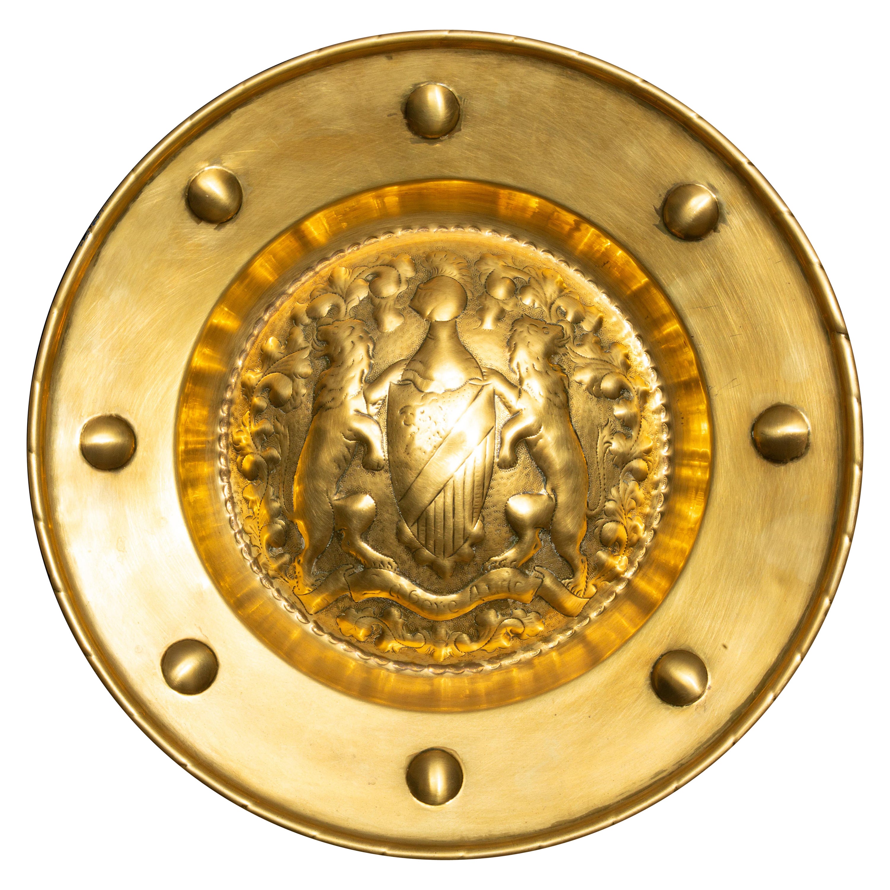 19th Century Ornamental Brass Alms Dish with English Coat of Arms 18.25" For Sale