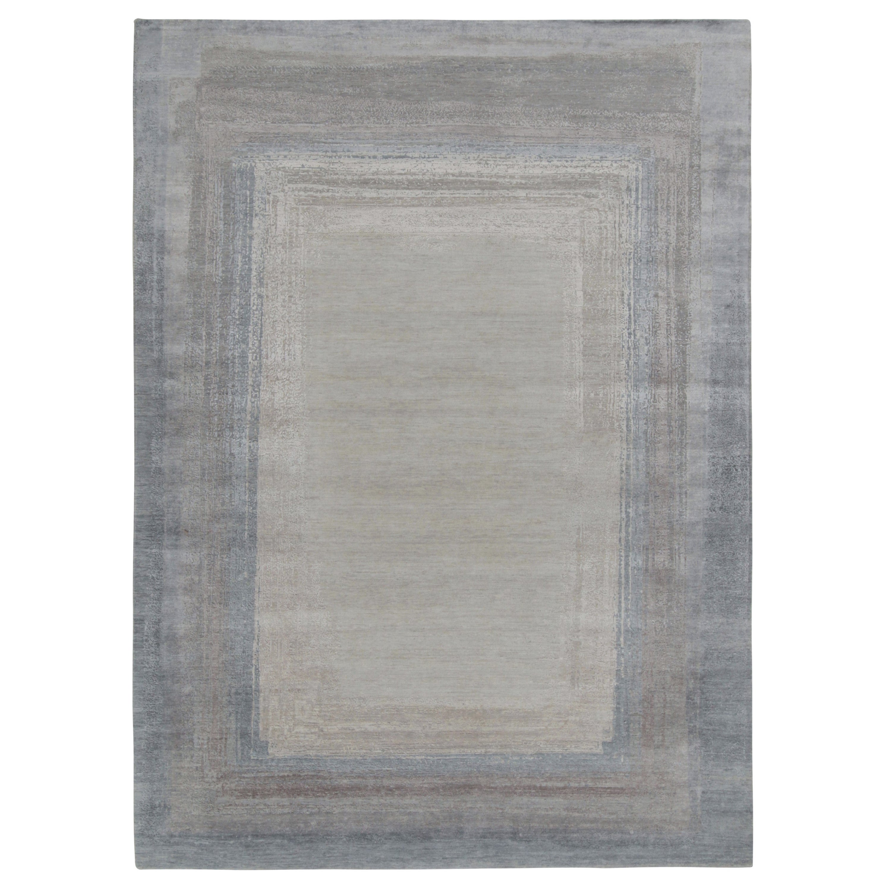 Rug & Kilim’s Contemporary rug in Blue & Silver-Gray Open Field, Abstract Border For Sale