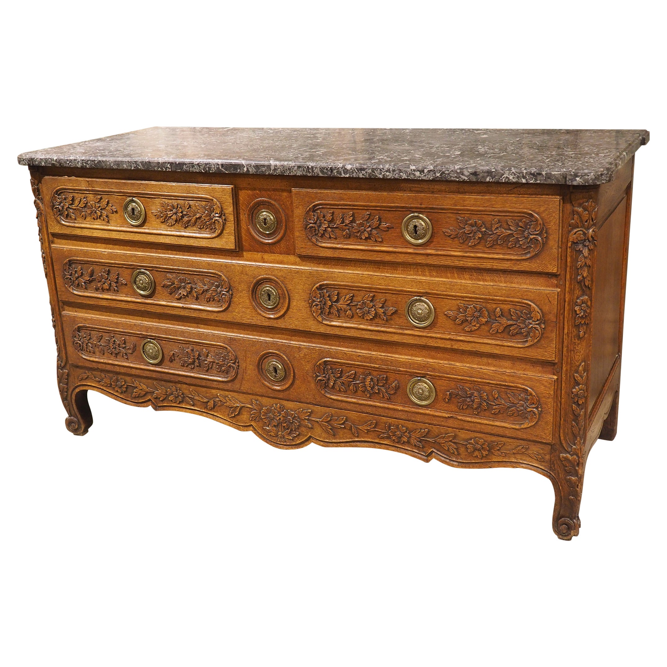 Antique 5-Foot Long French Commode in Sculpted Oak, Original Marble Top, C. 1860 For Sale