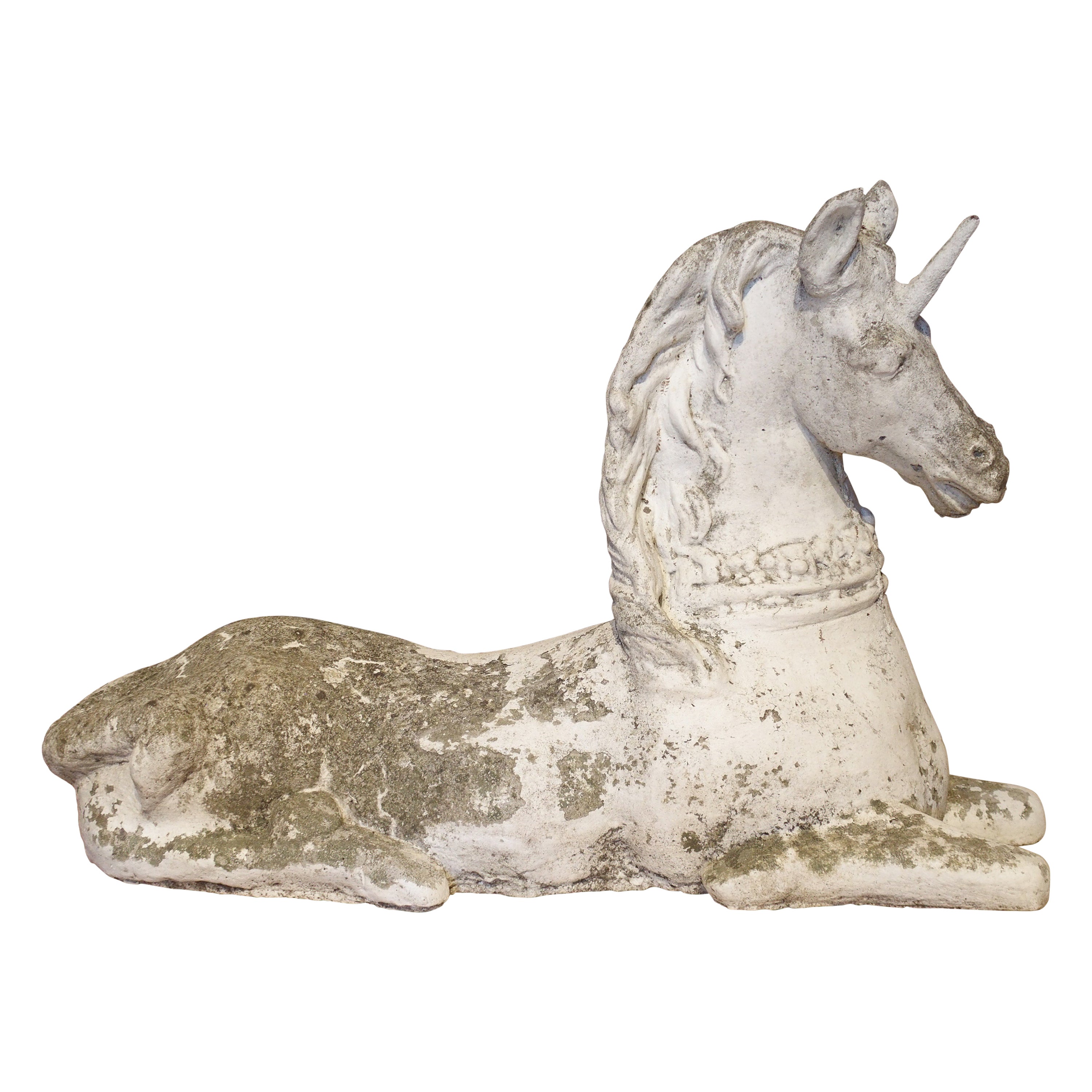 Weathered White Painted Belgian Cement Unicorn, Circa 1960 For Sale