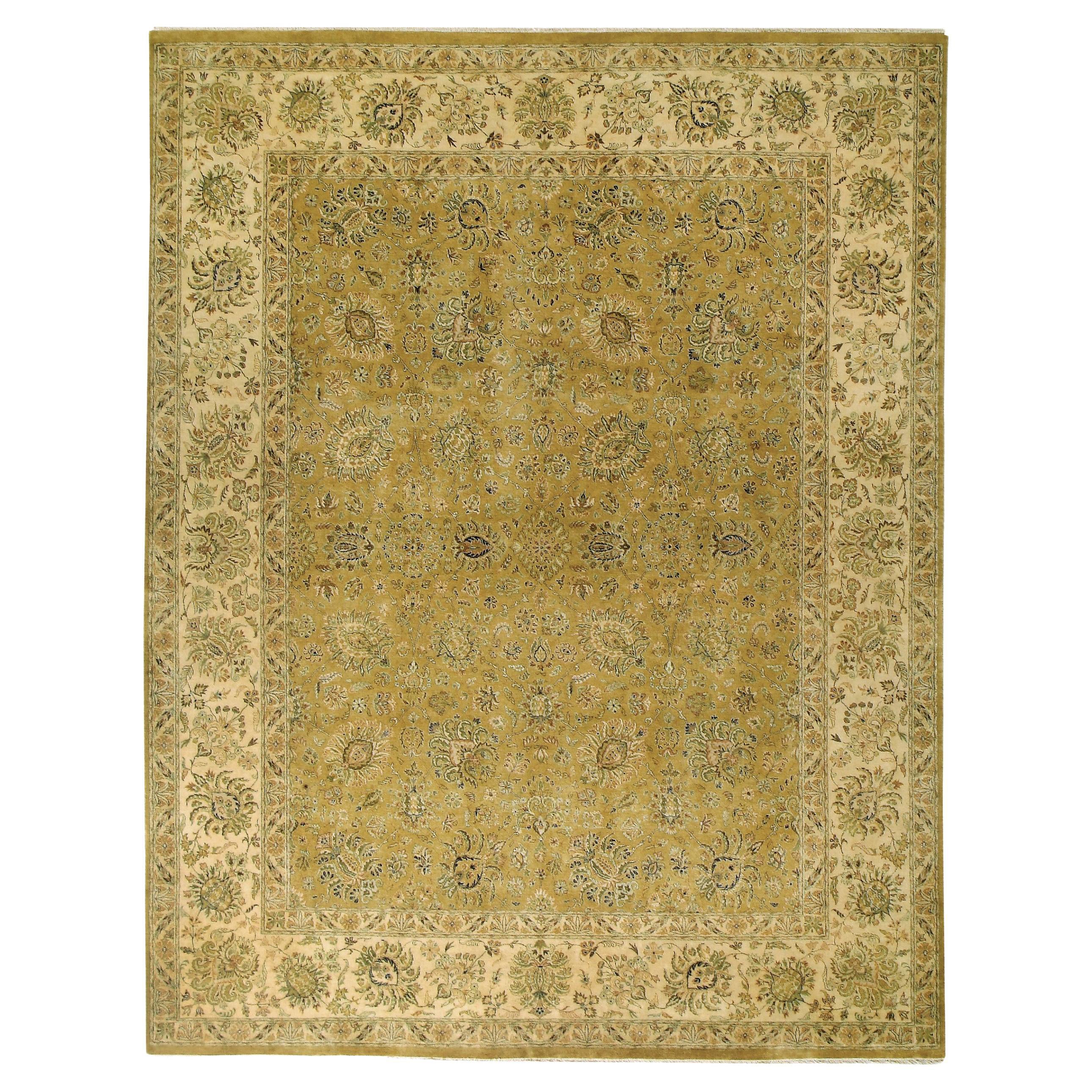 Luxury Traditional Hand-Knotted Reatta Gold and Cream 10x14 Rug For Sale