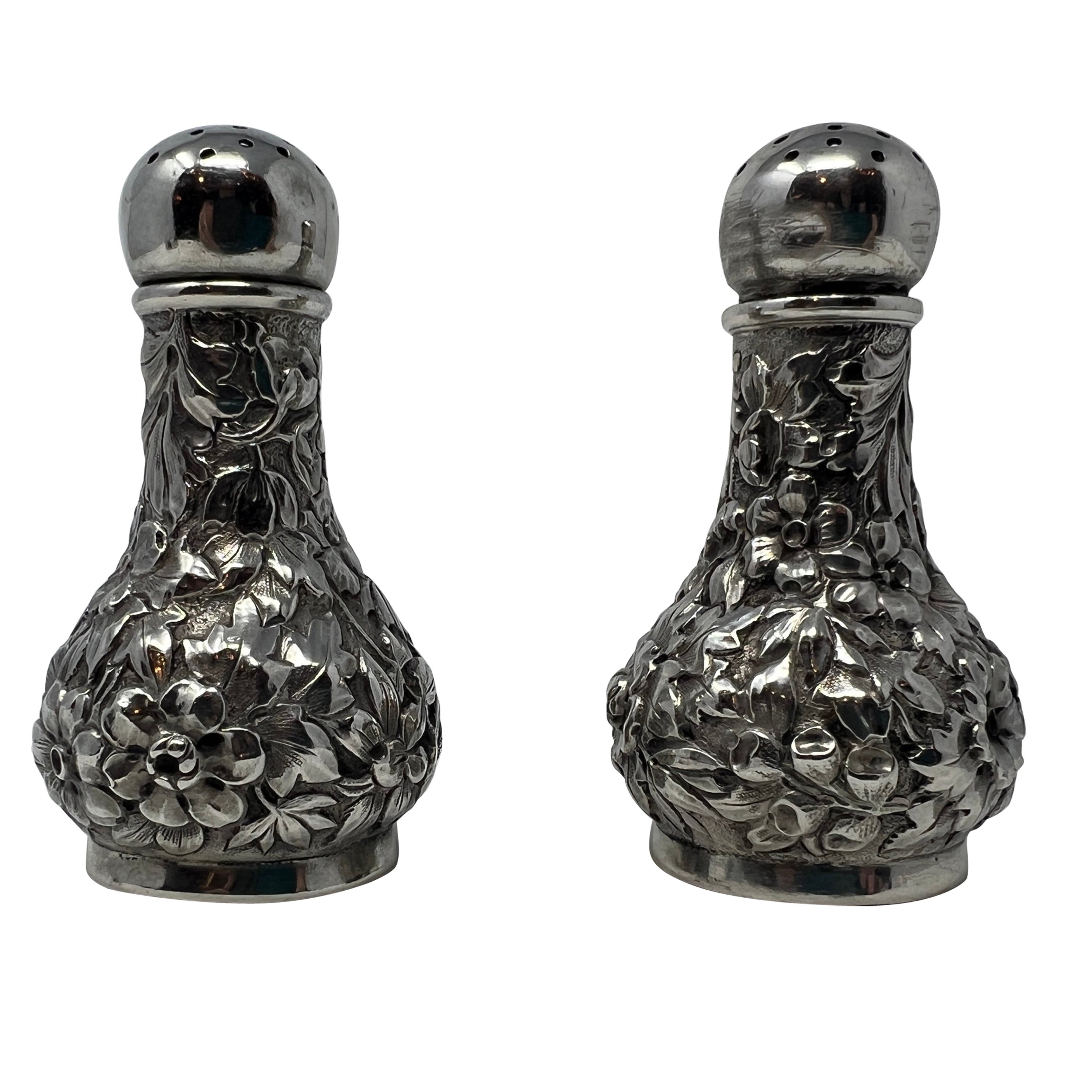 Pair Antique Silver Repousse Salt and Pepper Shakers, Circa 1880's. For Sale