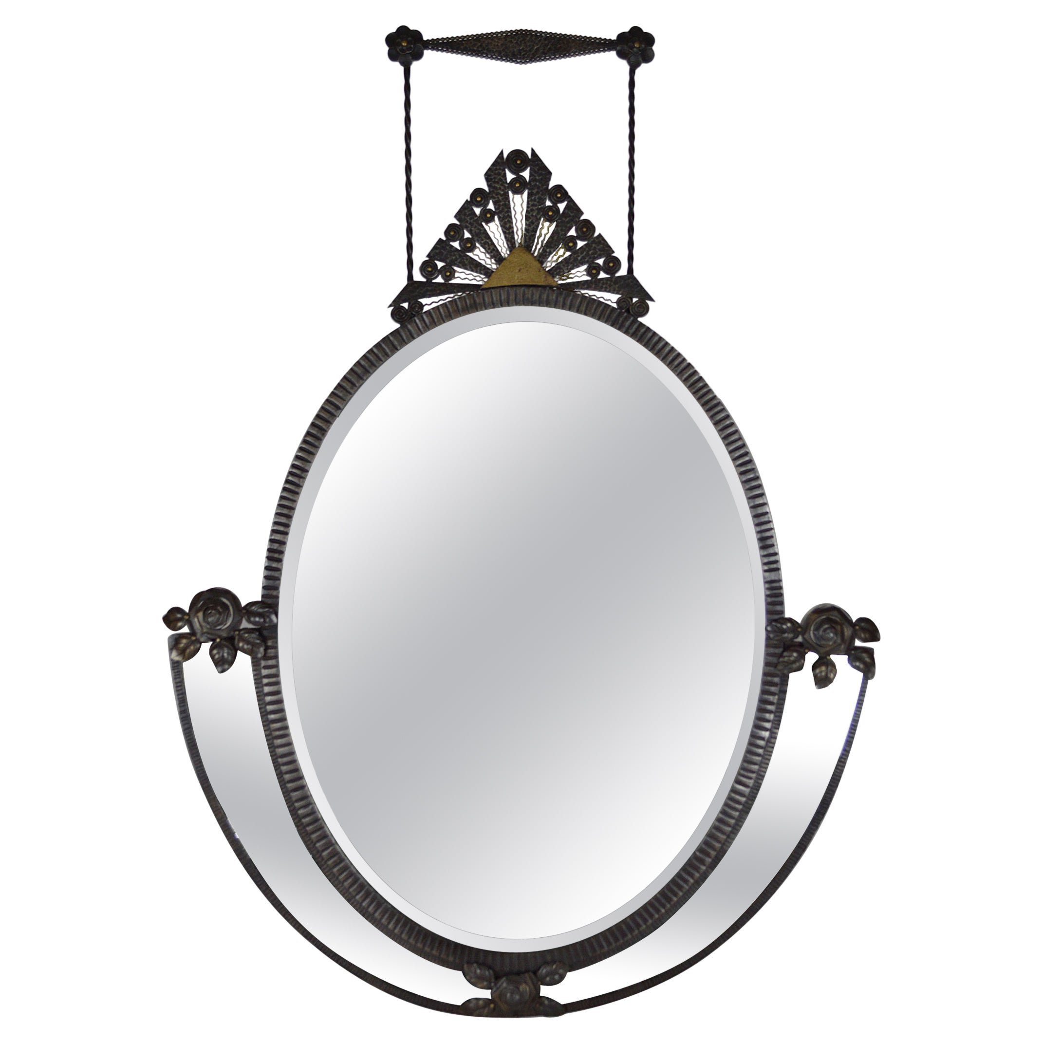Large Oval Art Deco Wrought Iron Mirror, France, circa 1925 For Sale