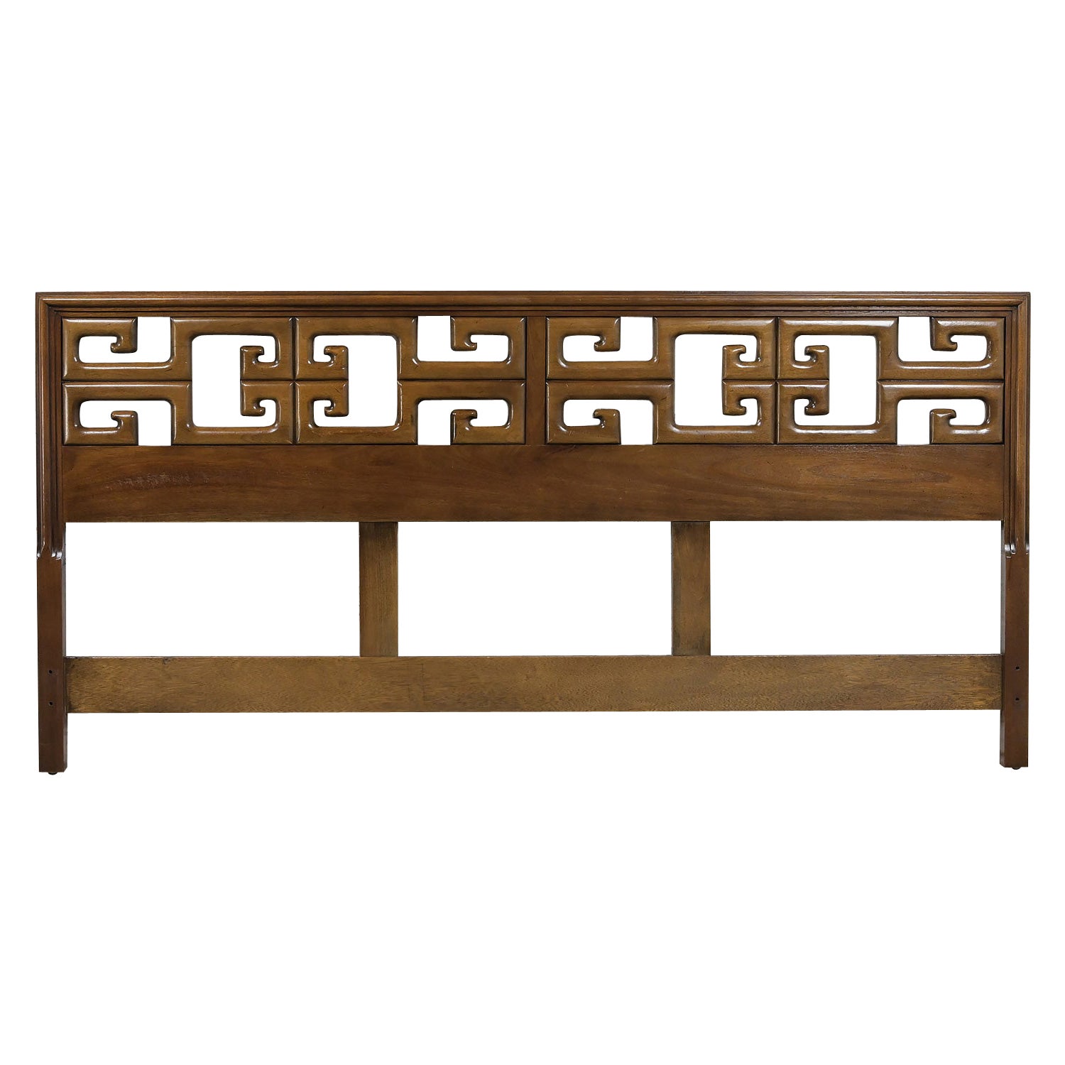 1960-1970 Chinoiserie King Headboard Greek Key Meander Fretwork Walnut Toned For Sale