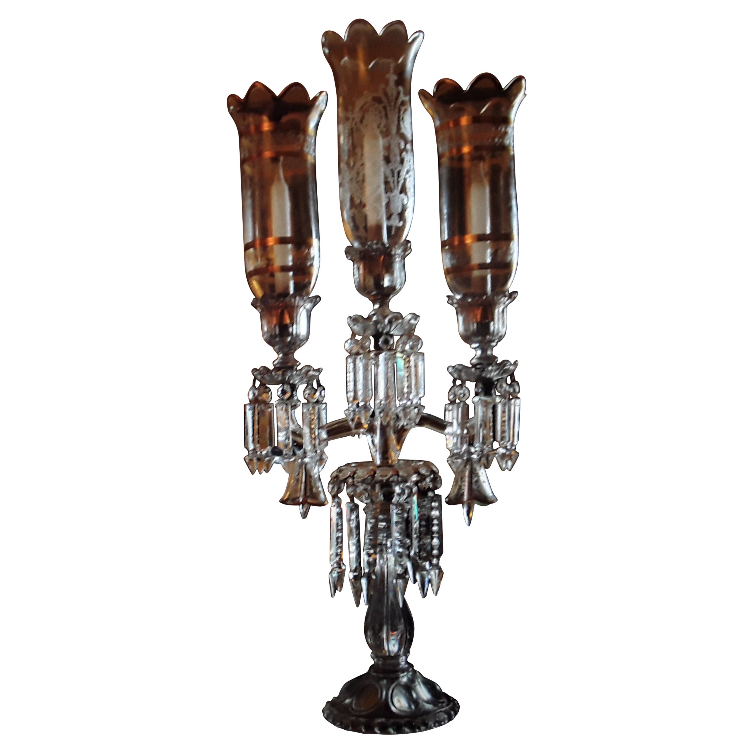 1890 Français Antiquités Napoléon III Signé Baccarat Chandelier / Bougeoir Large en vente