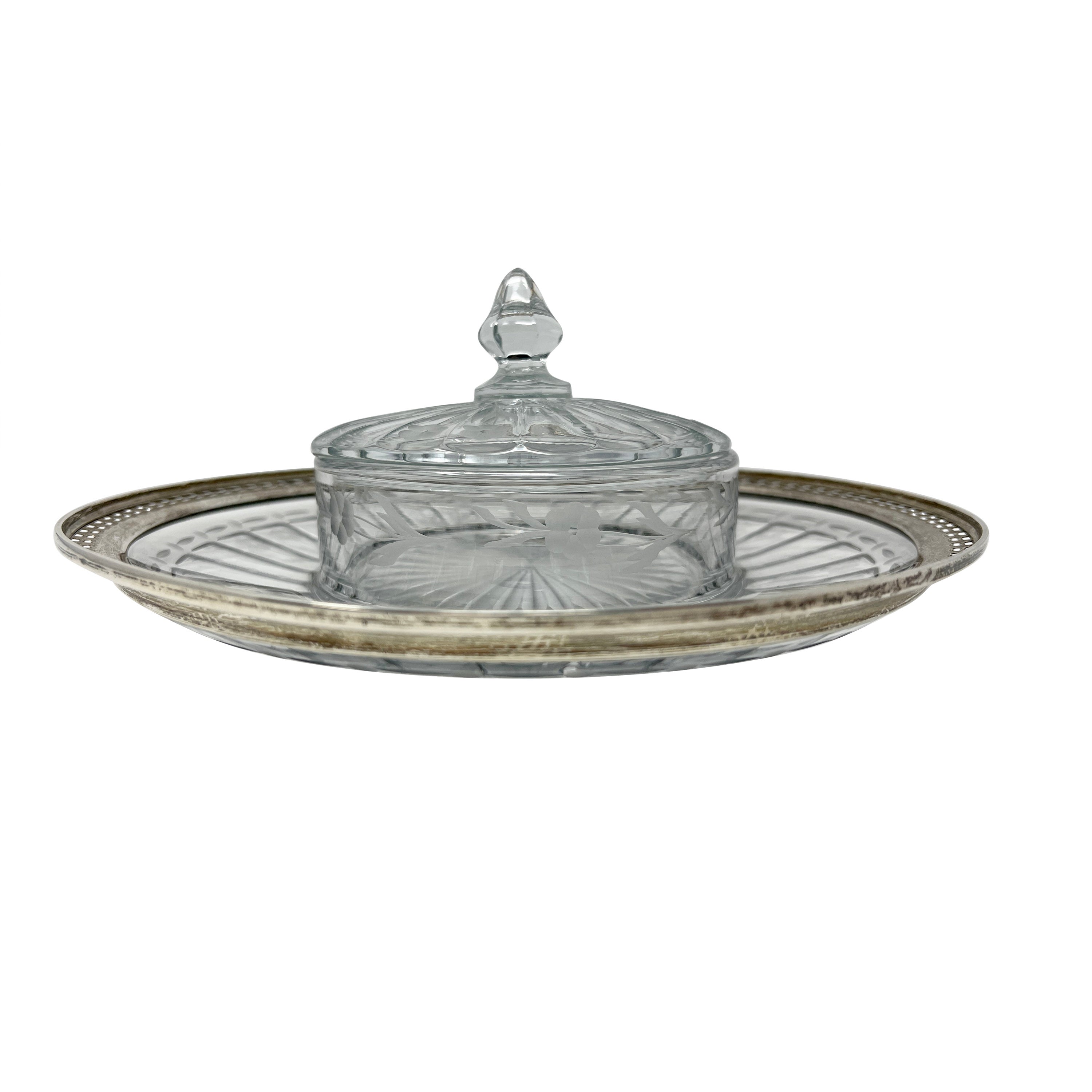 Antique Cut Crystal and Silver Edged Caviar Dish with Cover, Circa 1910-1920. For Sale