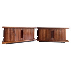 Mid Century Modern Walnut Wraparound Tambour Plinth Night Stands End Tables Pair