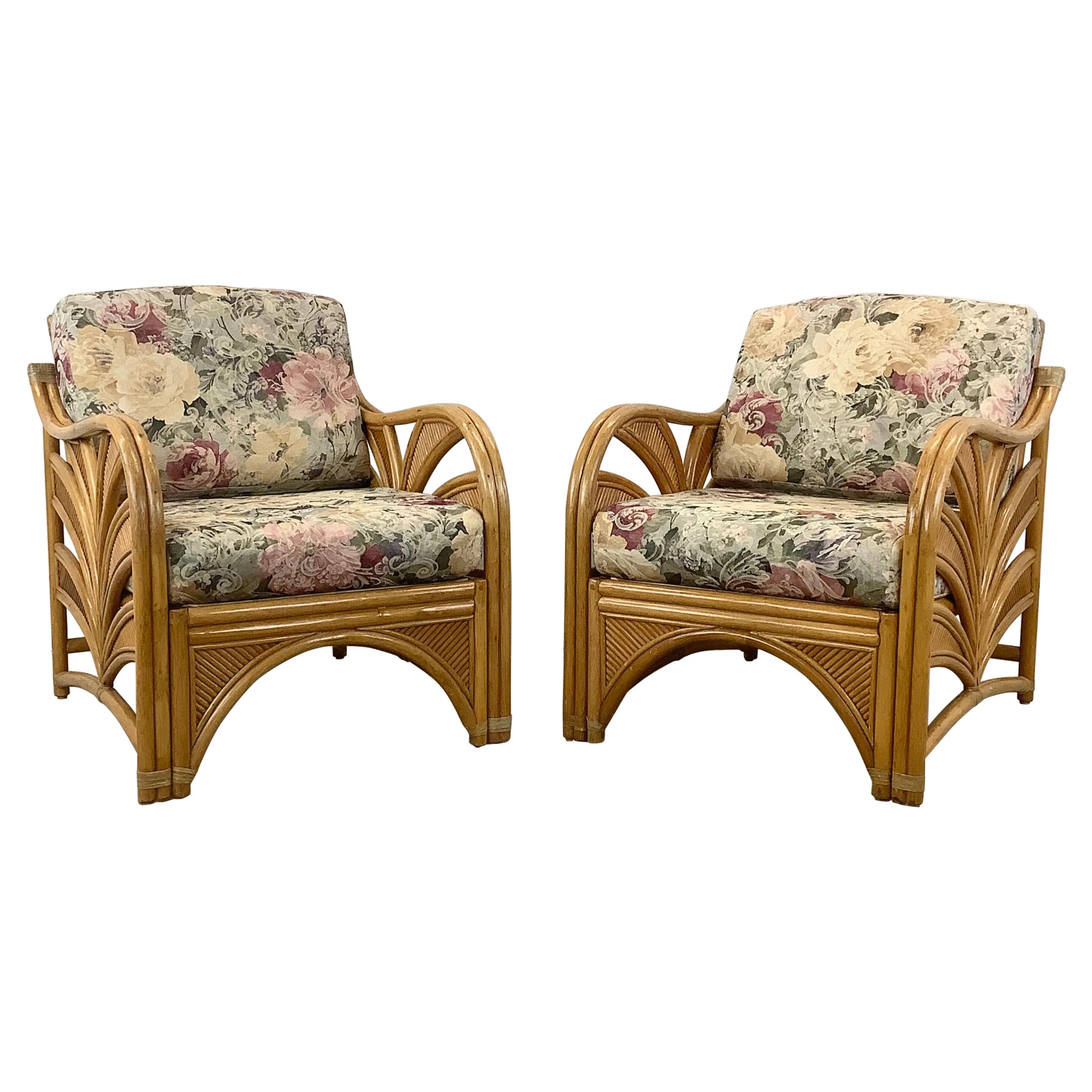 Pair Vintage Coastal Rattan Lounge Chairs 