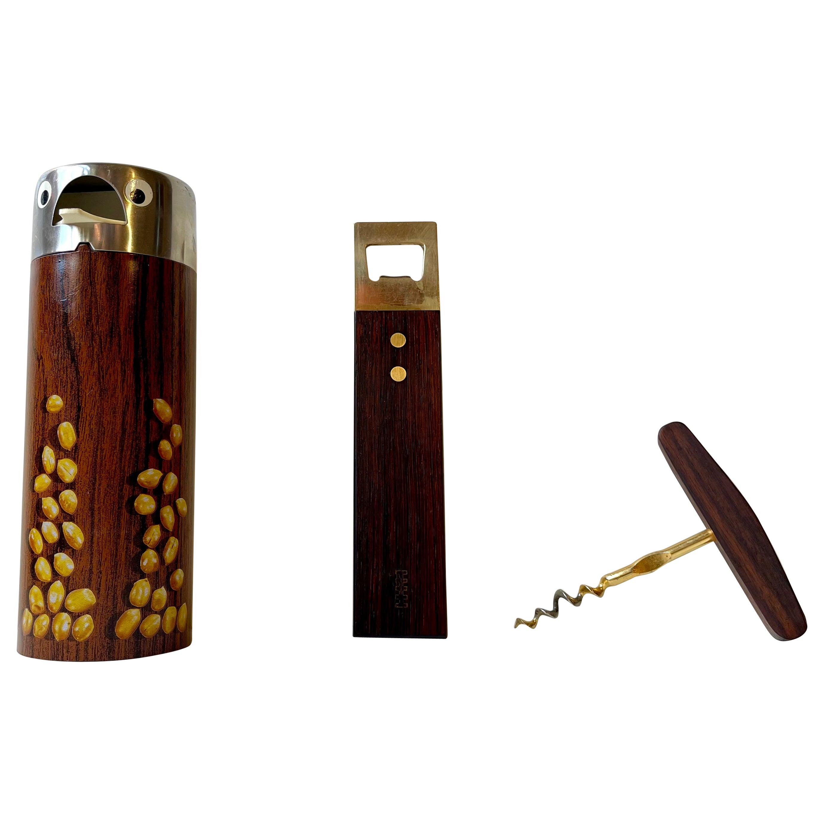 Midcentury Corkscrew, Brass Bottle Opener & Humorous WMF Bird Peanutdispenser For Sale