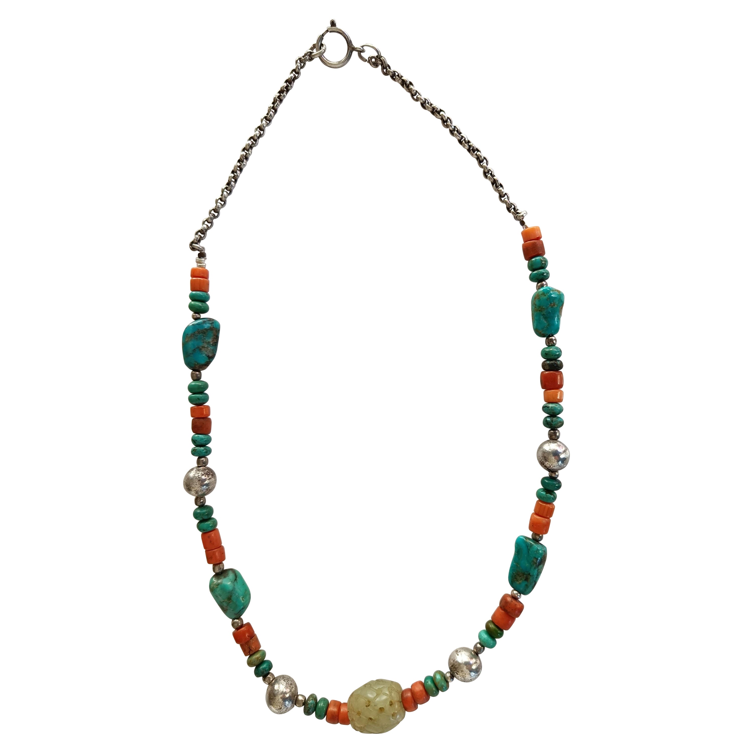 Collier chinois ethnique ancien en argent, turquoise, jade, corail et bijoux tribaux