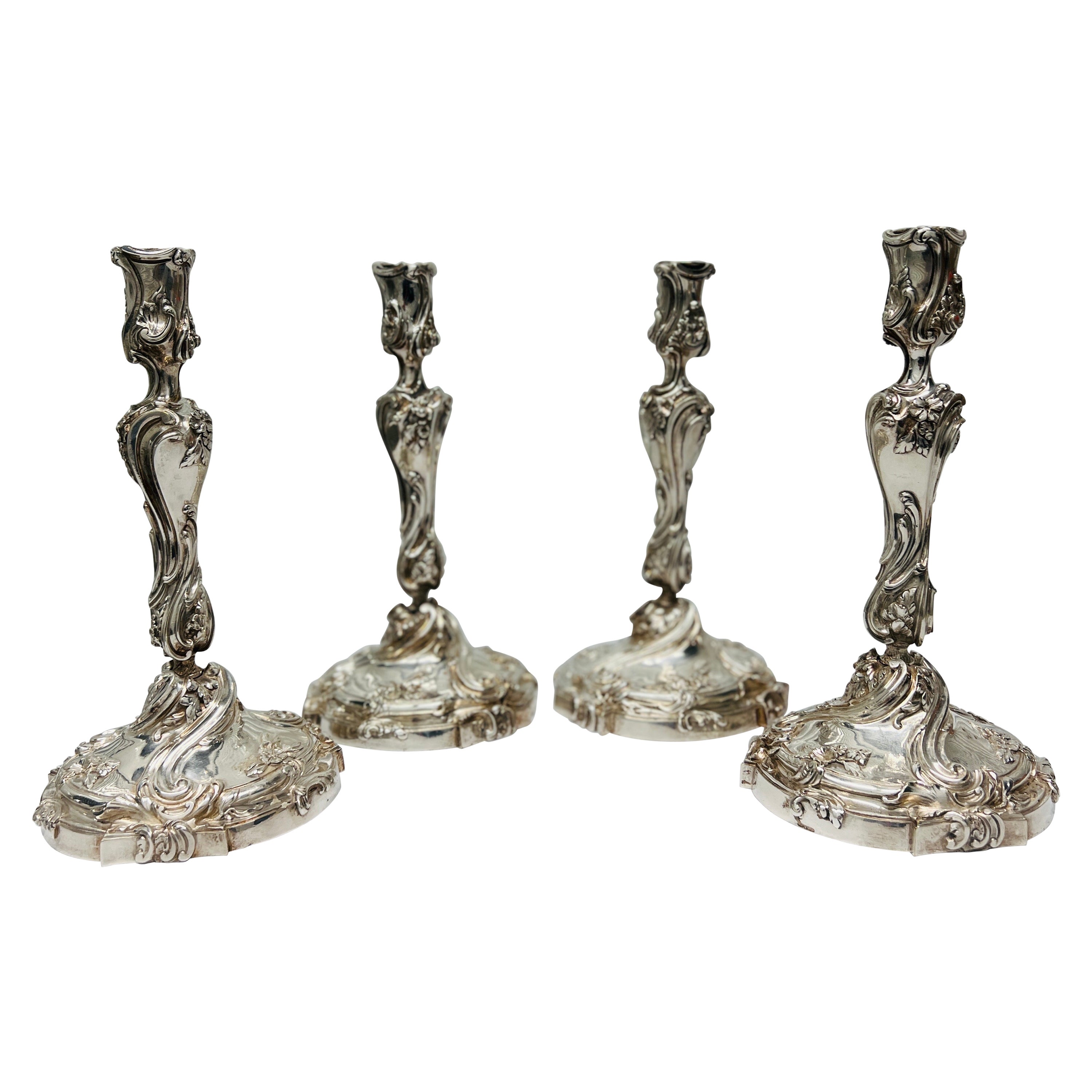 Set of 4, Henri Vian Silver Gilt Bronze Louis XV Style Candlesticks Circa 1880 For Sale