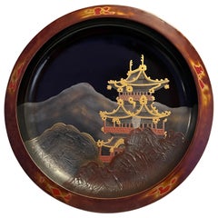 Antique Japanese Export Lacquer Tray Maki-e & Mnt Fuji Pagoda Decoration Taisho Period