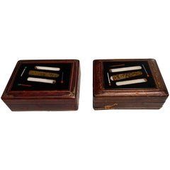 Used Pair, Italian Tooled Leather & Pietra Dura "Cigar" Motif Tobacco Boxes 
