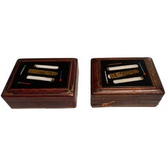 Vintage Pair, Italian Tooled Leather & Pietra Dura "Cigar" Motif Tobacco Boxes