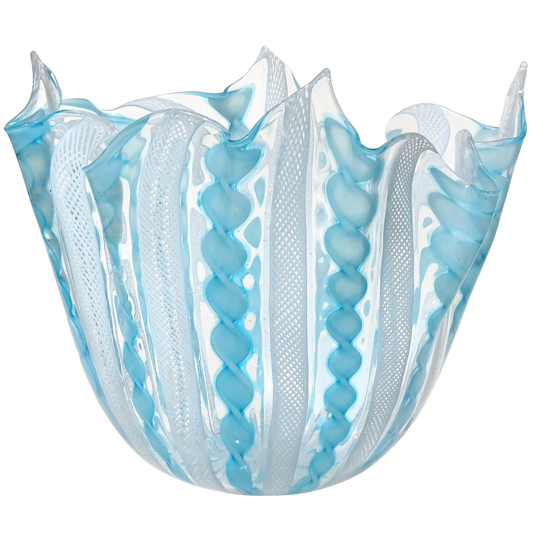 Murano Sky Blue White Zanfirico Ribbons Italian Art Glass Fazzoletto Flower Vase For Sale