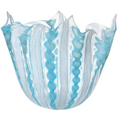Murano Sky Blue White Zanfirico Ribbons Italian Art Glass Fazzoletto Flower Vase