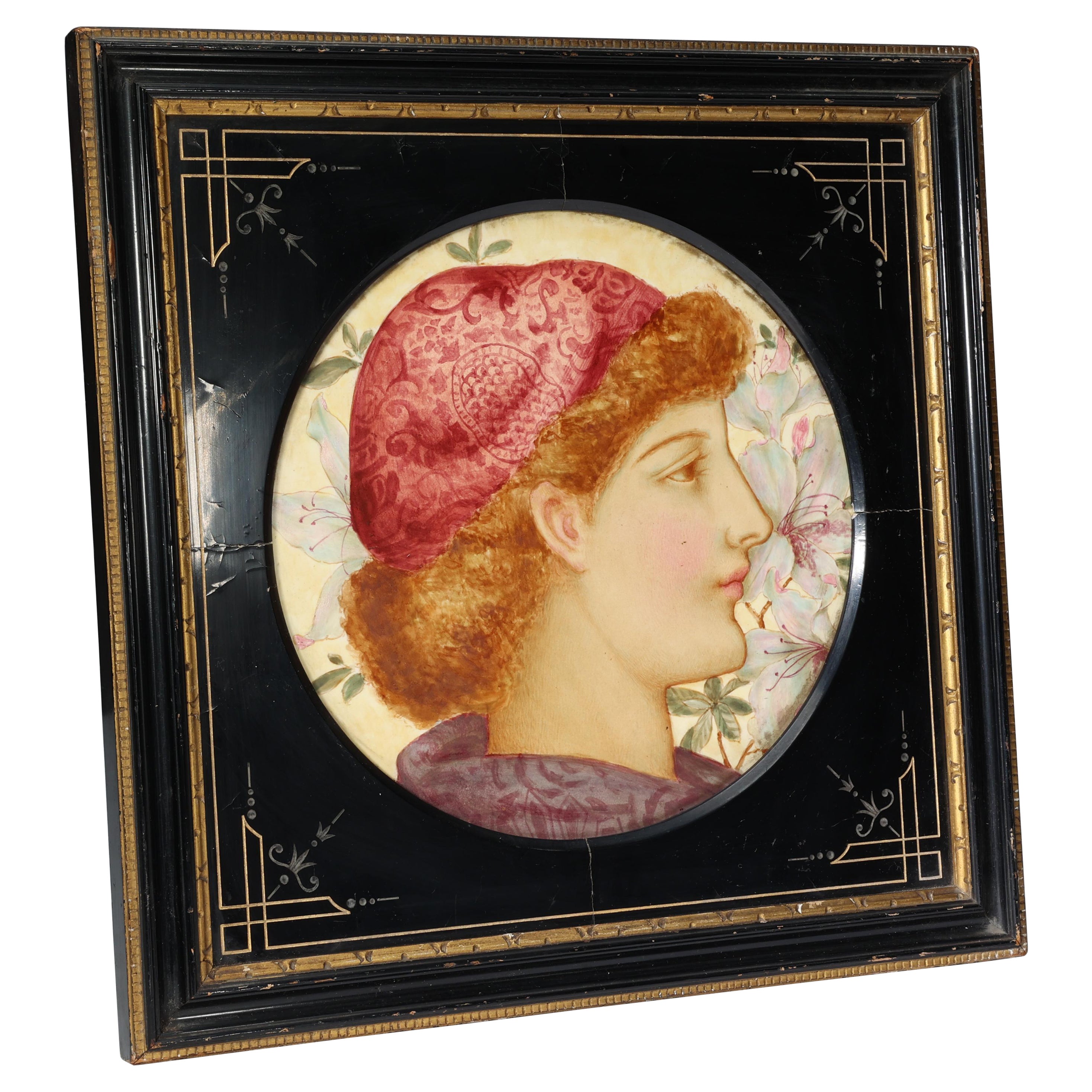 J P Hewitt. Aesthetic Movement circular plaque with a Pre-Raphaelite girls head.