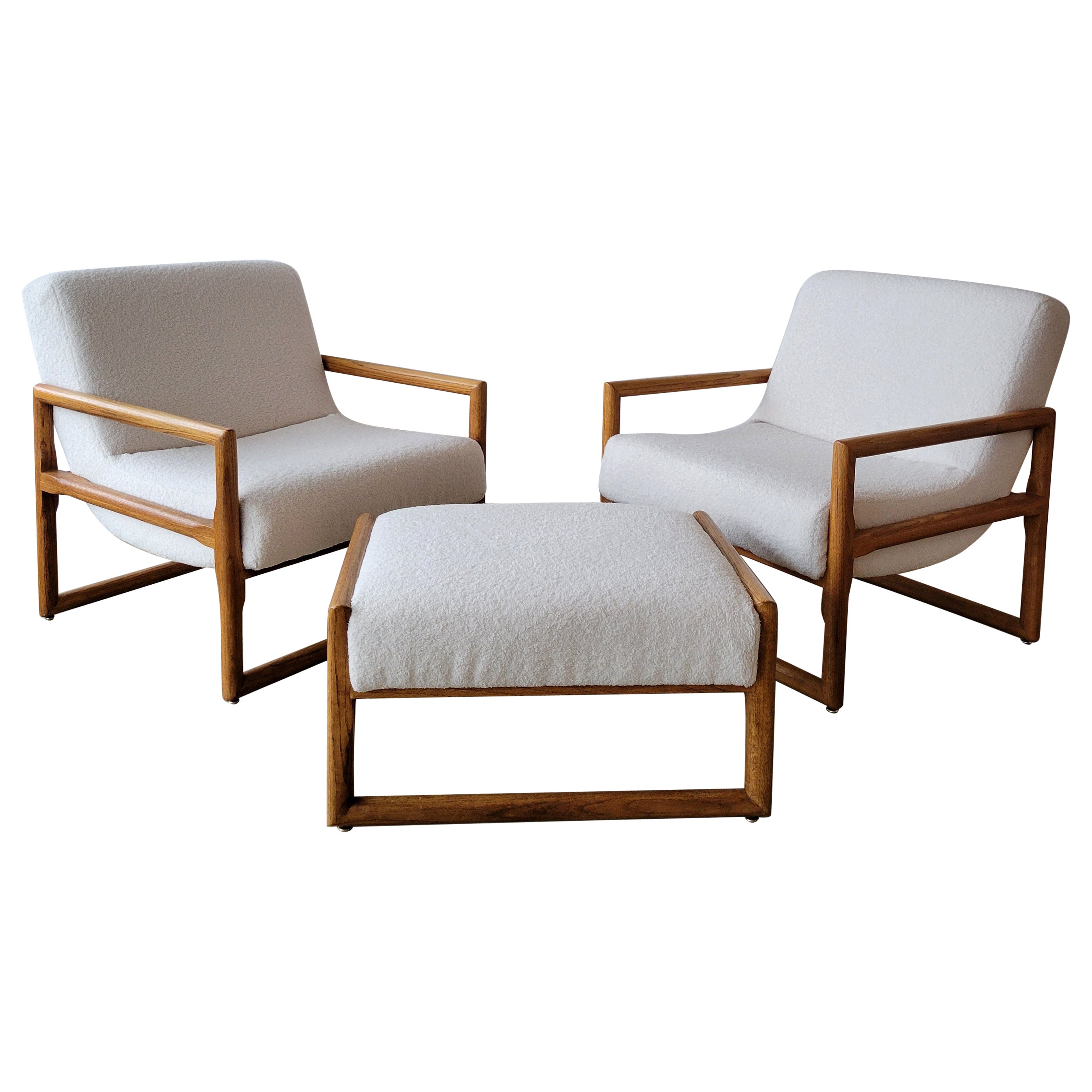 White Oak and Boucle Lounge Chairs + Ottoman For Sale