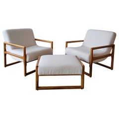 White Oak and Boucle Lounge Chairs + Ottoman