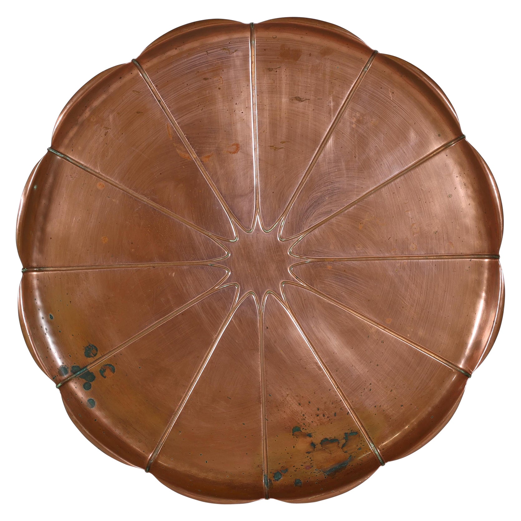 WAS Benson stamped mark. A very large Arts and Crafts copper lily pad tray. For Sale