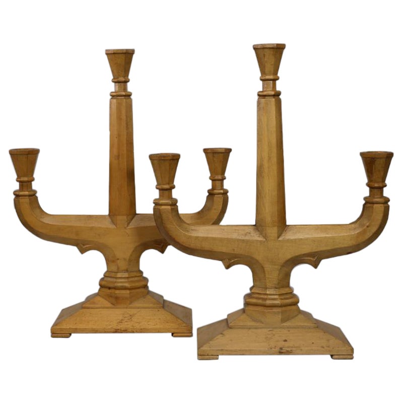 A good quality pair of subtle Gothic Revival hand crafted beech candelabras. For Sale 1