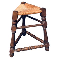 Vintage Rustic Design Tripod Rush Stool, France 1940's