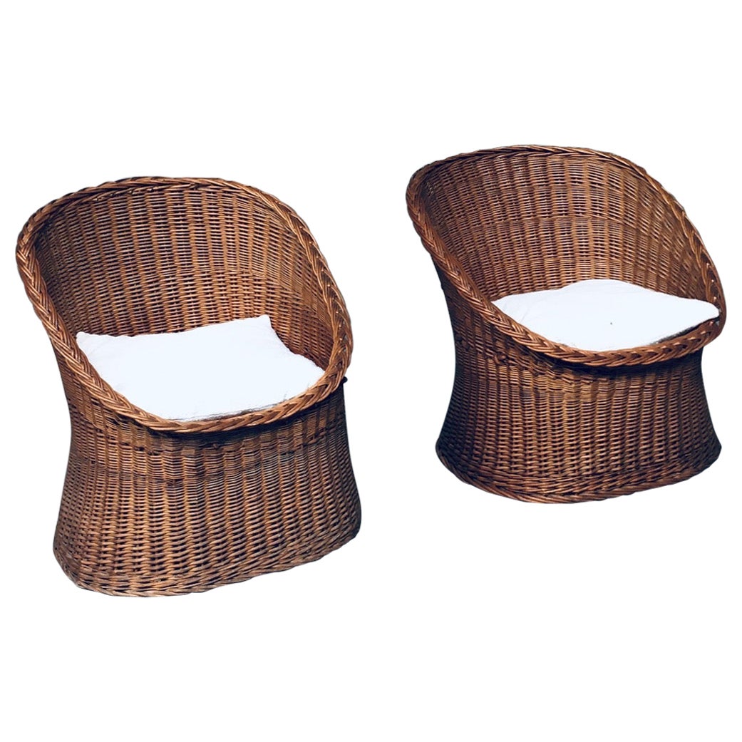 1950's Boho Design Wicker Egg Basket Lounge Chair Set For Sale
