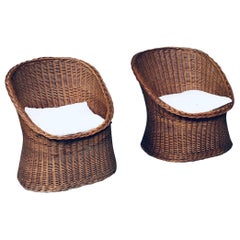 1950's Boho Design Wicker Egg Basket Lounge Chair Set