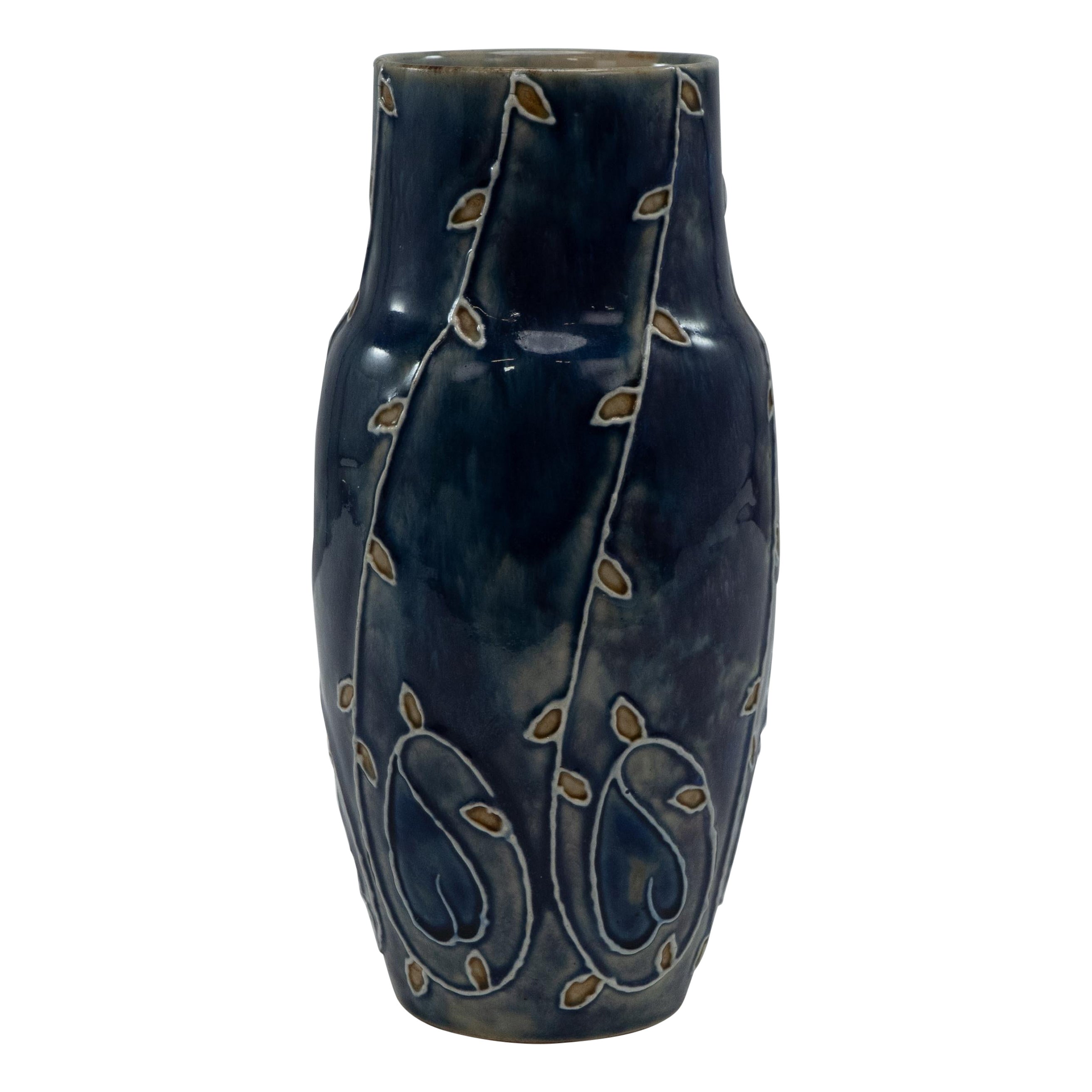 Royal Daulton signed MB for Mary Butter. Arts & Crafts flowing floral blue vase. For Sale