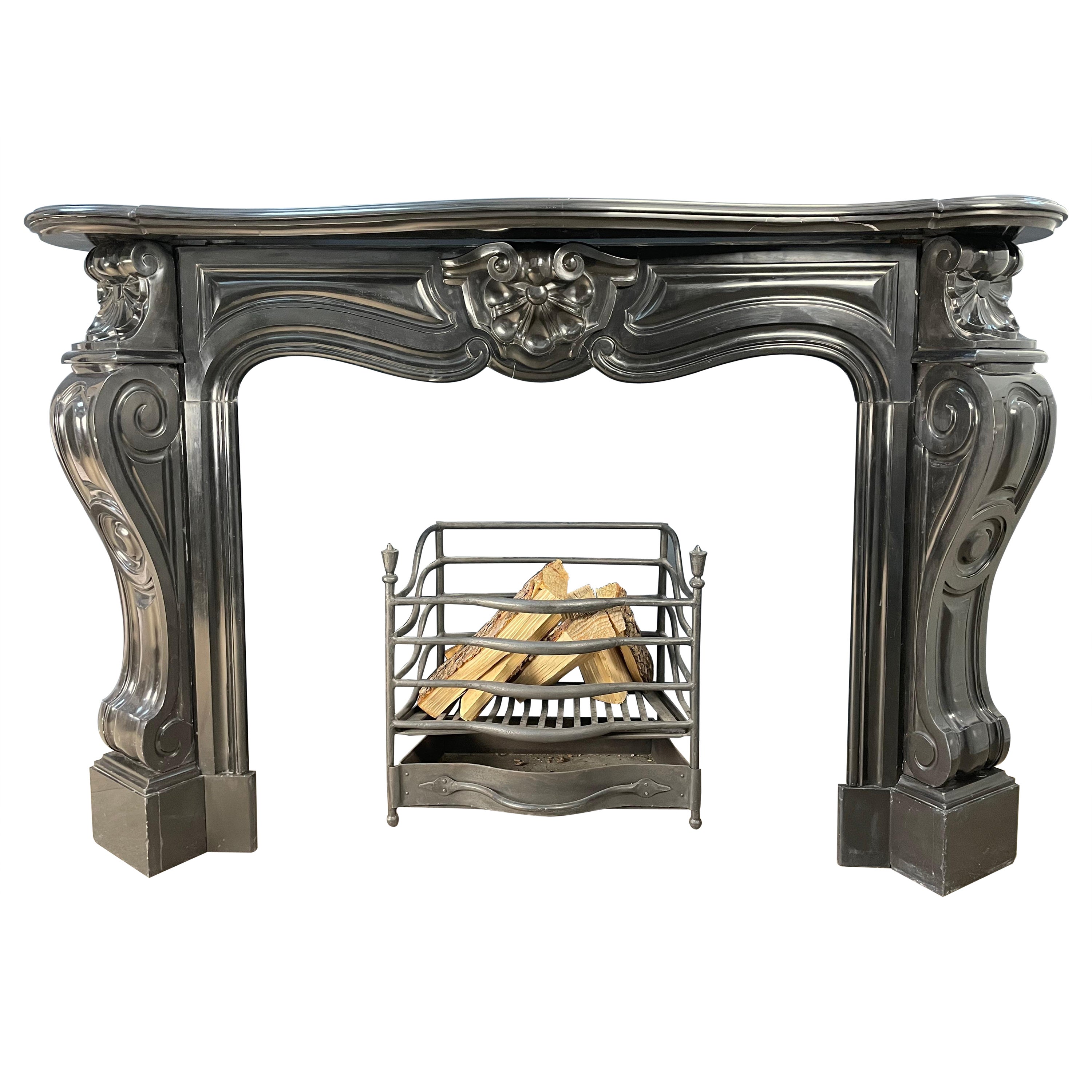 Antique Shell Circulation Fireplace in Black Noir De Mazy Marble For Sale