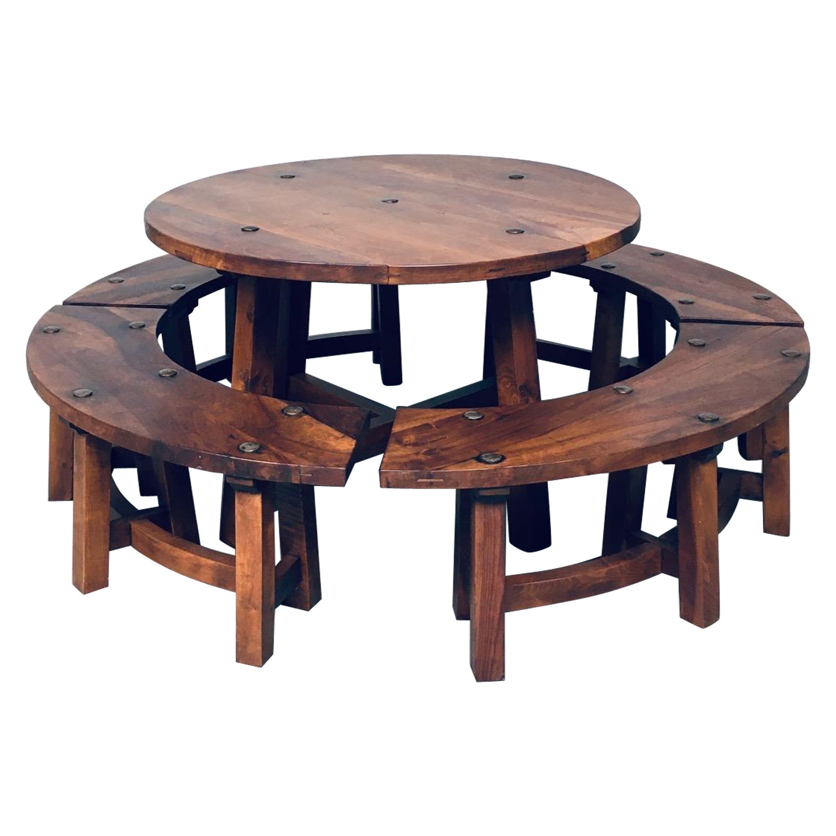 Midcentury French Alps Chalet Style Round Table & 4 Benches, France 1950's