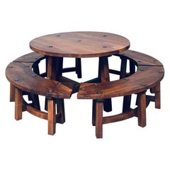 Midcentury French Alps Chalet Style Round Table & 4 Benches, France 1950's