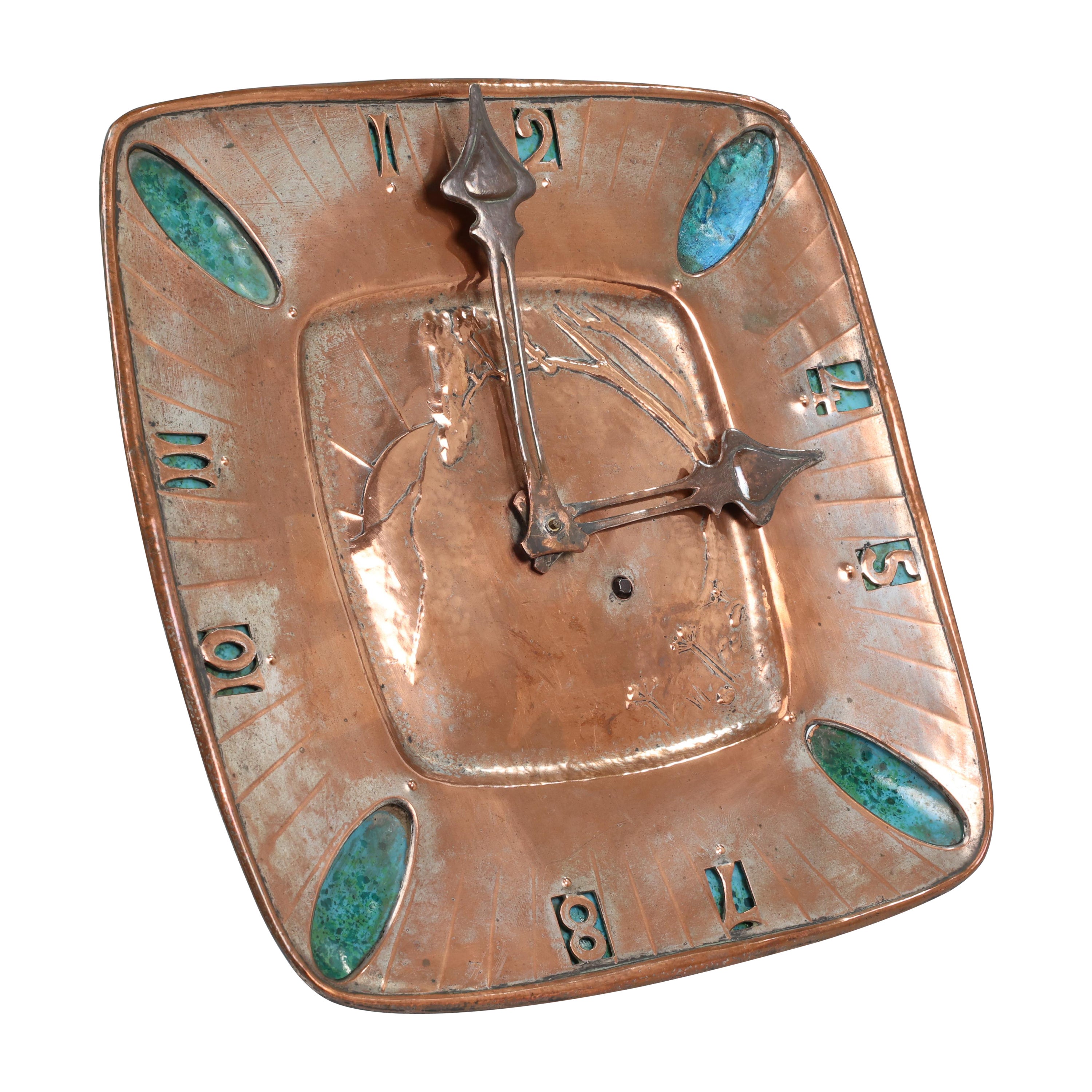 An Arts and Crafts hand formed copper and turquoise blue enamel wall clock For Sale
