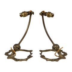 Antique WAS Benson. A pair of Arts and Crafts brass adjustable Mistletoe table lamps.