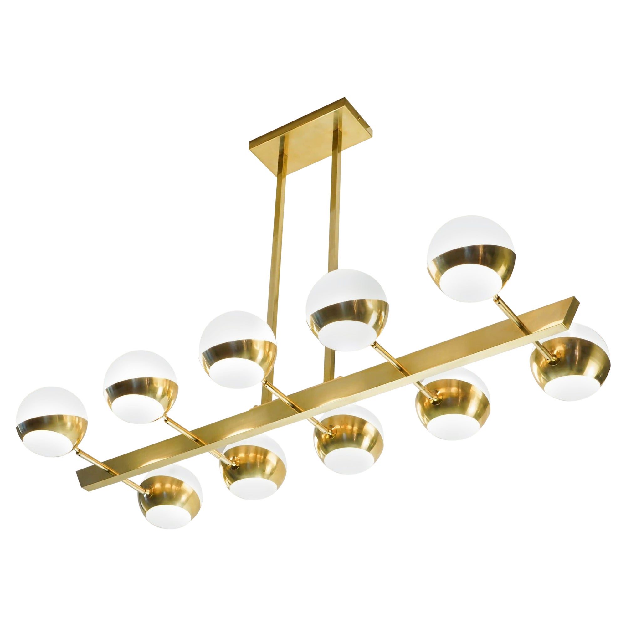 Siderale 10 lights Brass and Lattimo glass Chandelier, Silvio Piattelli Design For Sale