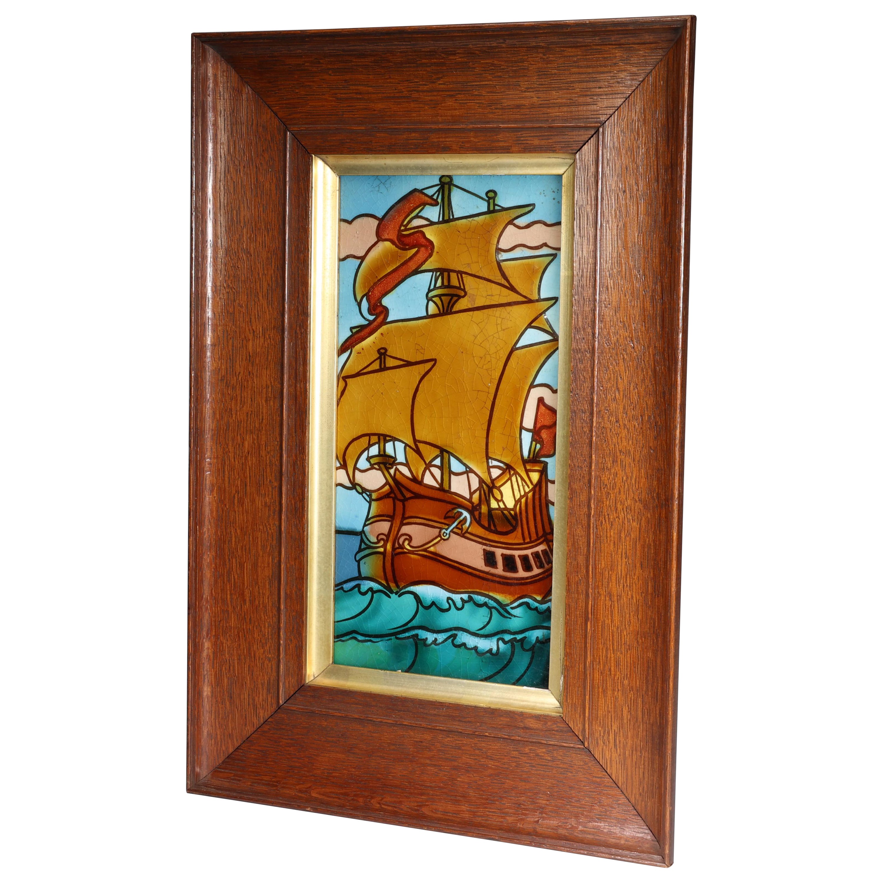 Pilkington's An Arts & Crafts large single tile with a tube line painted galleon For Sale